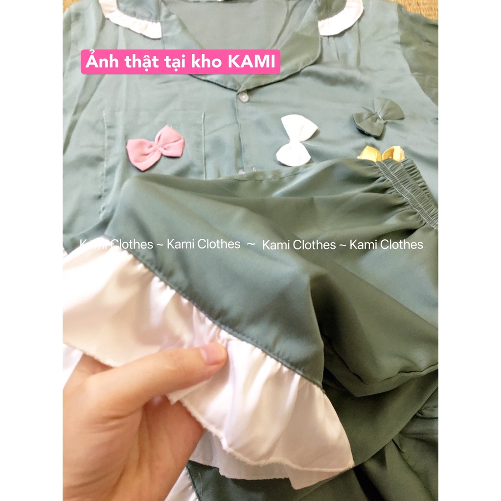 Set áo babydoll lụa nơ viền bèo và quần đùi tiểu thư bánh bèo Ulzzang, bộ ngủ nữ lụa cao cấp - KAMI Clothes | BigBuy360 - bigbuy360.vn