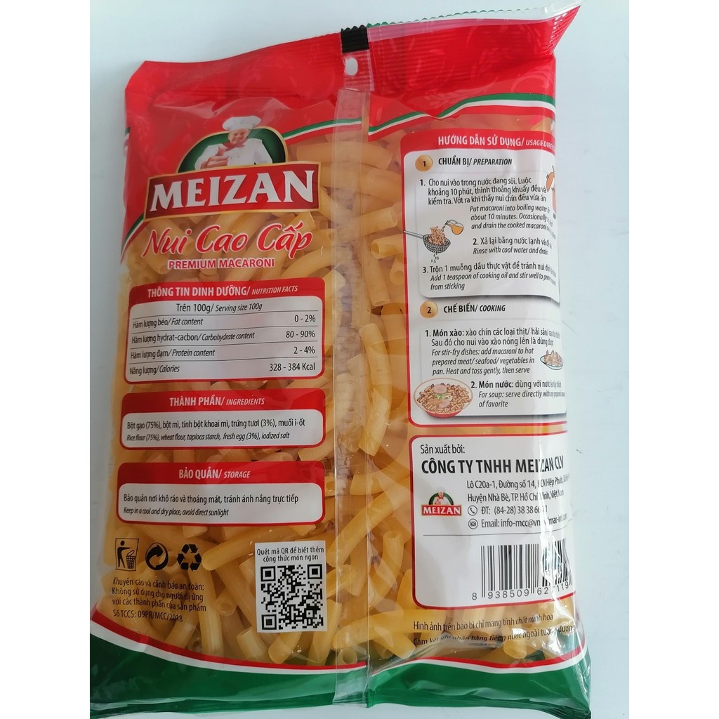 [gói 400g] NUI CAO CẤP (Ống dài) MEIZAN Premium Macaroni (Sedani Rigati)