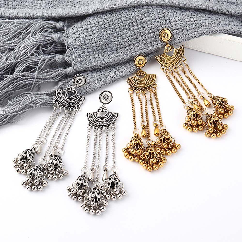 Khuyên Tai Dáng Dài Đính Chuông Chạm Khắc Phong Cách Boho Ấn Độ