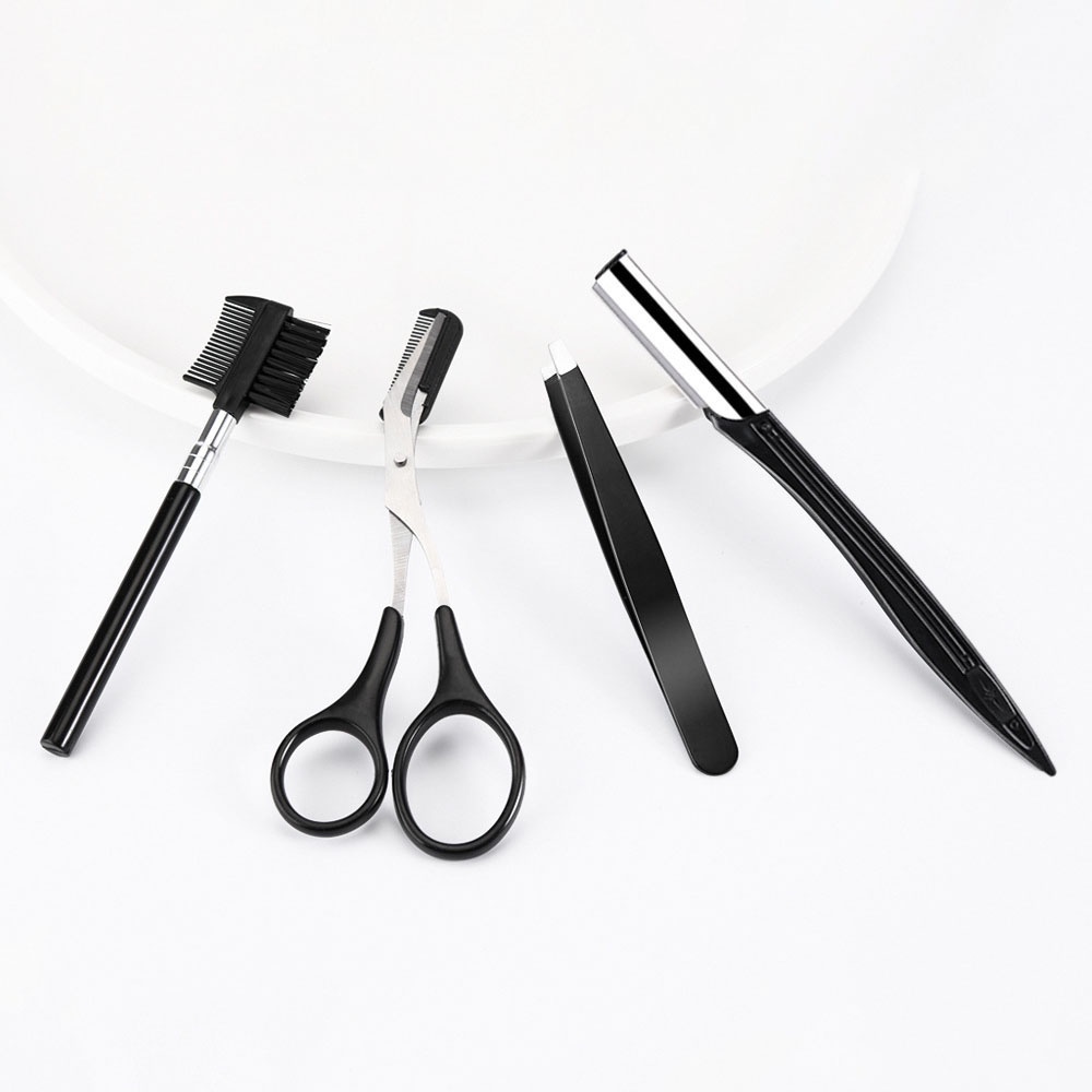 [Hàng mới về] Bộ 4 dụng cụ tỉa lông mày bằng thép không gỉ có đầu lược + kéo + dao cạo + lược chải lông mày chuyên nghiệp Norman