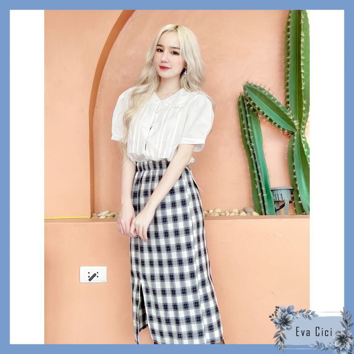 {EVACICI} Chân váy bút chì kẻ xẻ tà 2 lớp dáng dài, chân váy dài kẻ xẻ vạt (Ảnh thật mẫu nhà mình tự chụp tự quay) | BigBuy360 - bigbuy360.vn