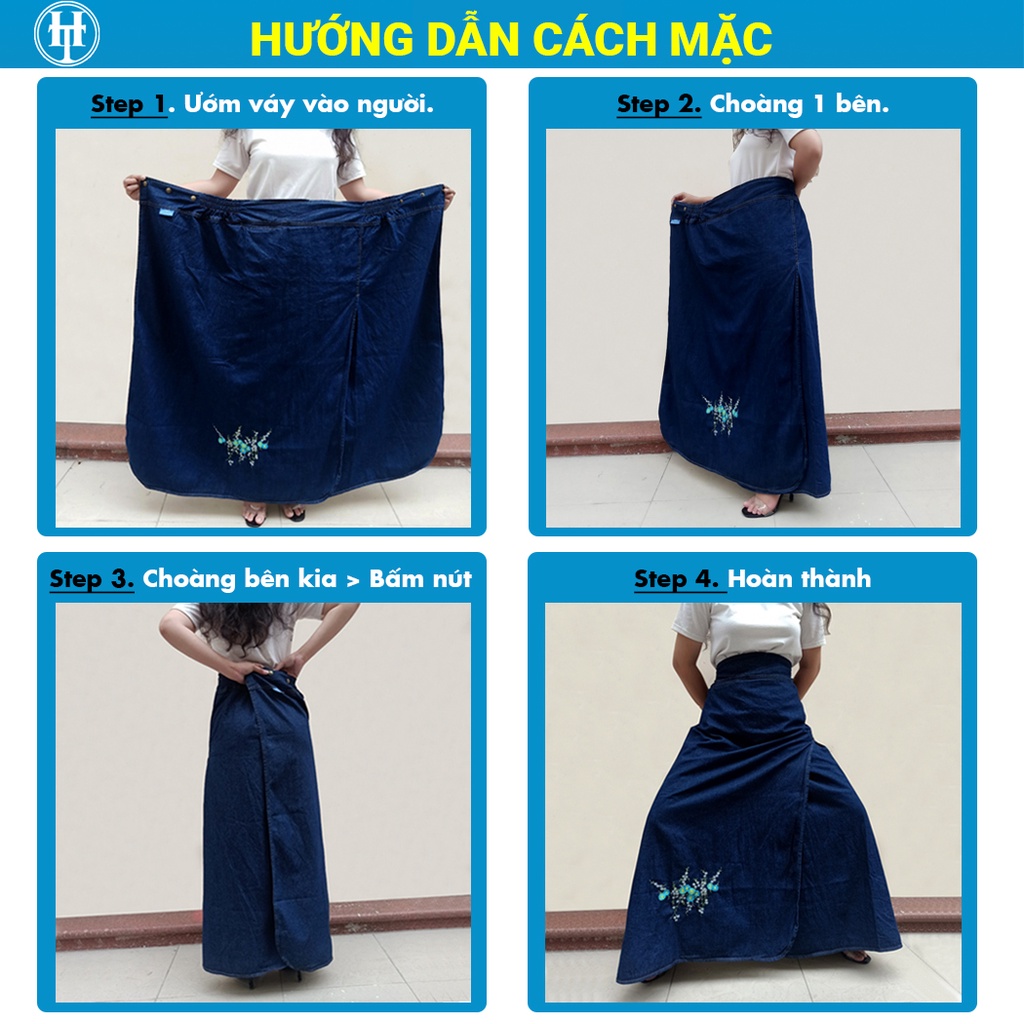Váy Chống Nắng Nữ Dạng Xẻ Tà Thời Trang Vải Jean Mềm Đẹp Có Nút Bấm Thêu Hoa Thanh Tú Dễ Thương H&amp;T Fashion