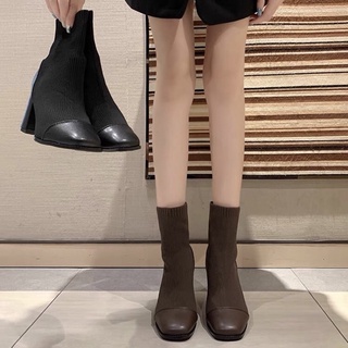 [Có Sẵn] Bốt len nữ cổ ngắn gót vuông cao 8cm không khoá