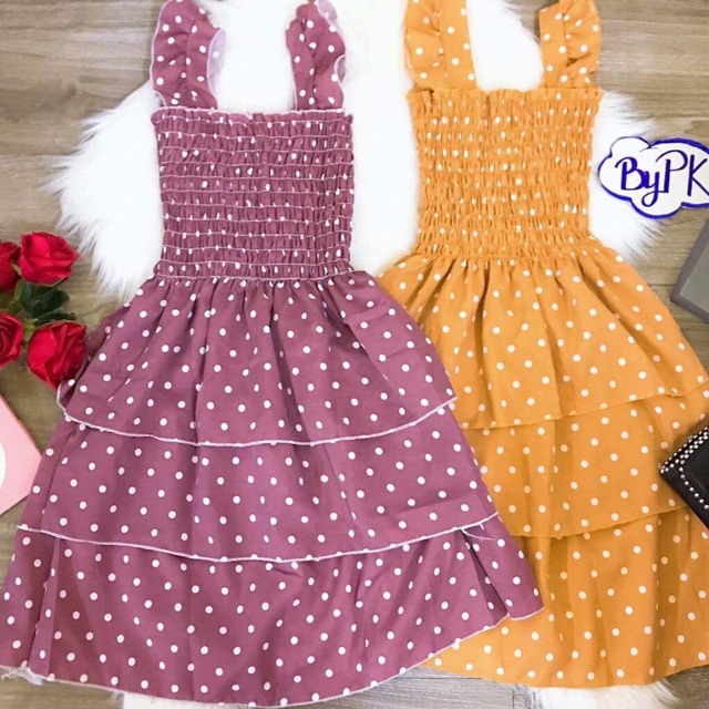 Đầm xoè bi 3 tầng đen/ vàng/rêu/cam/hồng  MH