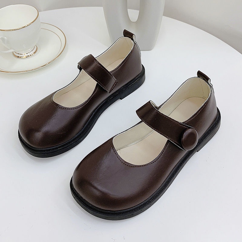 Giày búp bê nữ mũi tròn 3 màu đen, be và nâu cài quai phong cách Hàn Quốc