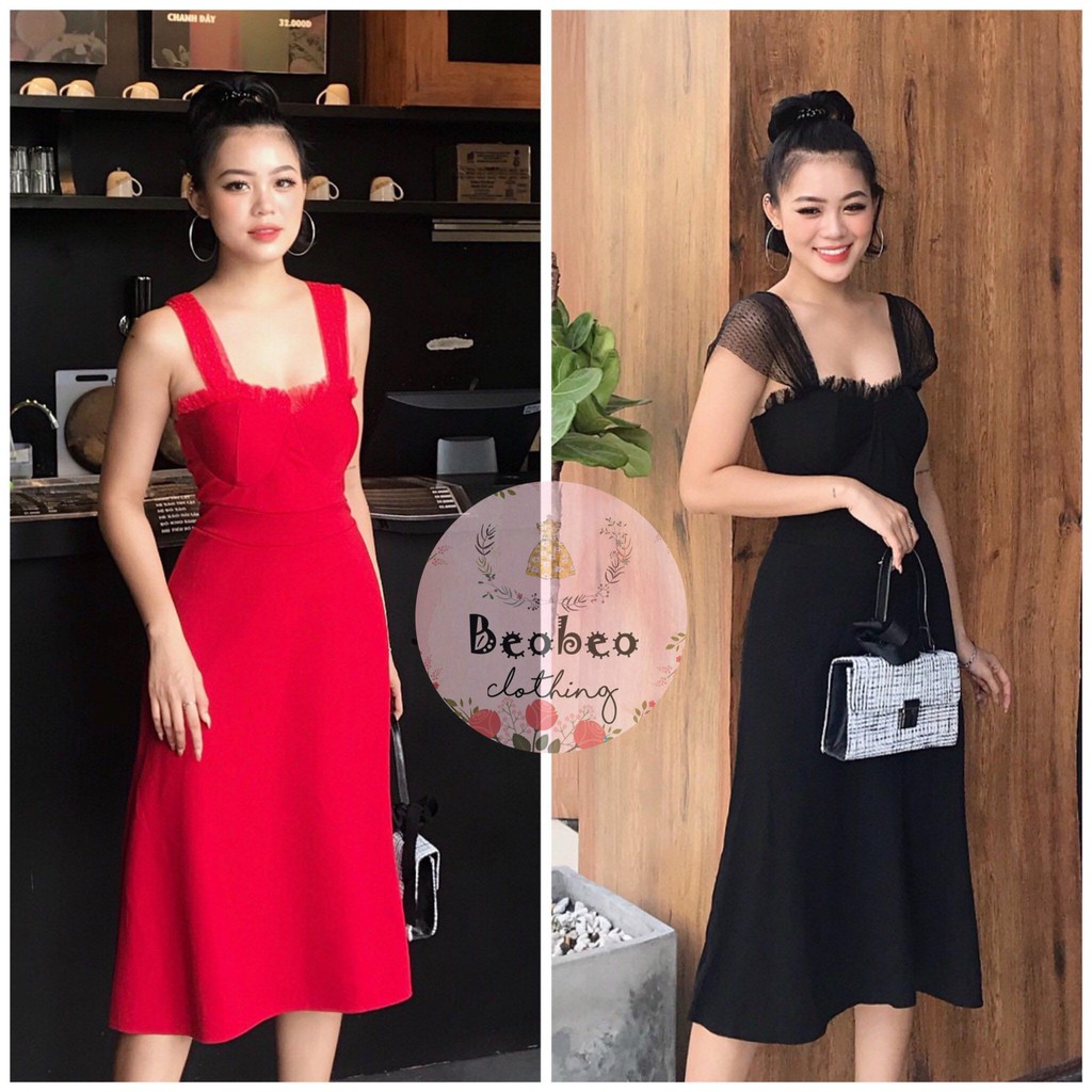 Đầm xoè 2 dây dự tiệc cúp ngực phối ren tiểu thư