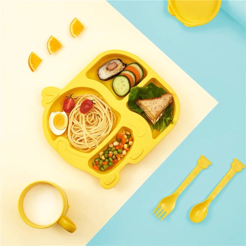 Khay ăn dặm, bộ dụng cụ tập ăn dặm cho bé hình vịt vàng ngộ nghĩnh đáng yêu kích thích bé ăn dăm