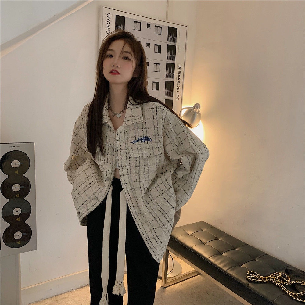Áo khoác dáng rộng họa tiết sọc caro phong cách Hàn Quốc thời trang xuân thu dành cho nữ