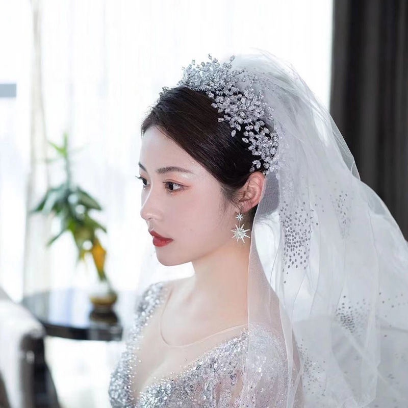 Băng Đô Cài Tóc Hình Vương Miện Công Chúa Đính Đá Pha Lê Màu Trắng Thời Trang Cho Cô Dâu