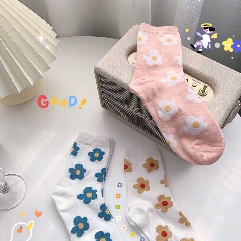 Vớ Cotton Dài Họa Tiết Hoa Phong Cách Hàn Quốc Cho Nữ