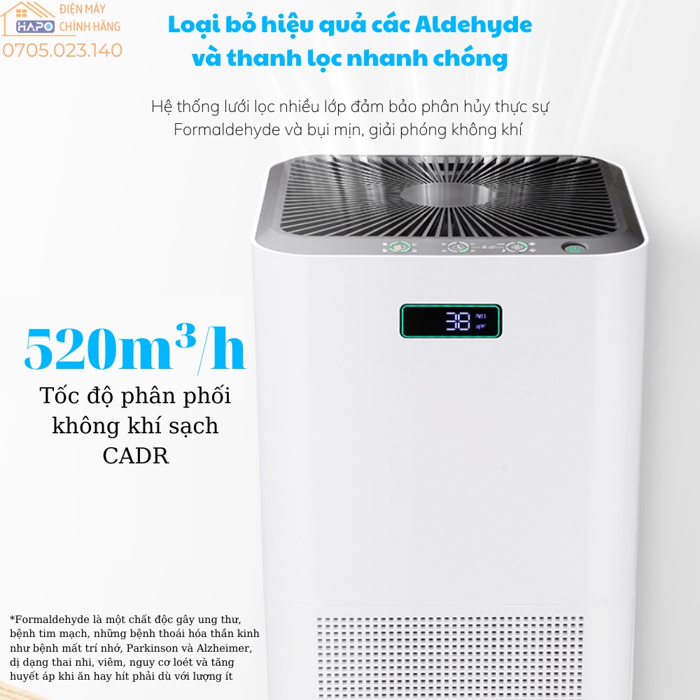 Máy Lọc Không Khí 360 Độ Cao Cấp HAPO, Lõi lọc 5 lớp khử mùi diệt khuẩn, Lưu lượng khí lớn 520m3/h làm sạch siêu nhanh
