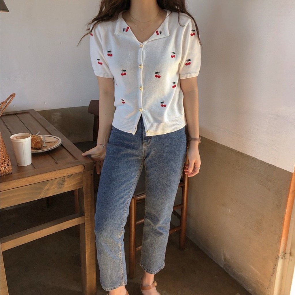 Áo Thun Dệt Kim Tay Ngắn Mỏng Họa Tiết Quả Cherry Dễ Thương Dành Cho Nữ  tao bao