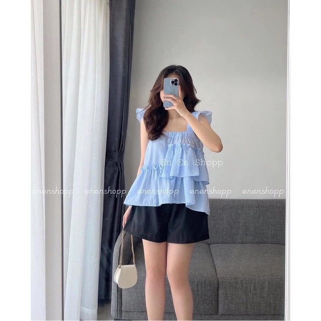 [Ảnh thật/Video] Set babydoll kẻ 058 Mới gồm áo 2s bản to và quần đen xinh xắn