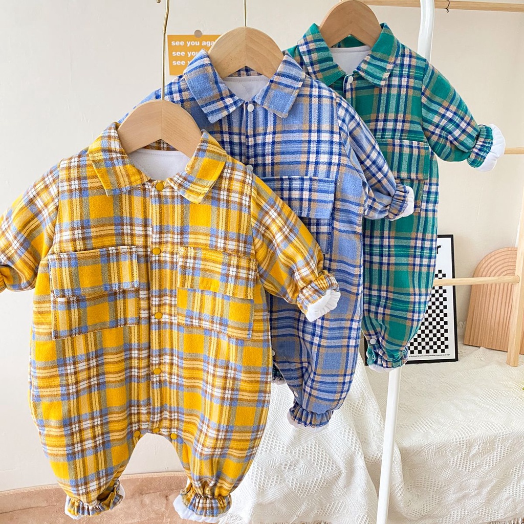 Sanlutoz Áo Liền Quần Dài Tay Họa Tiết Caro Thời Trang Cho Bé