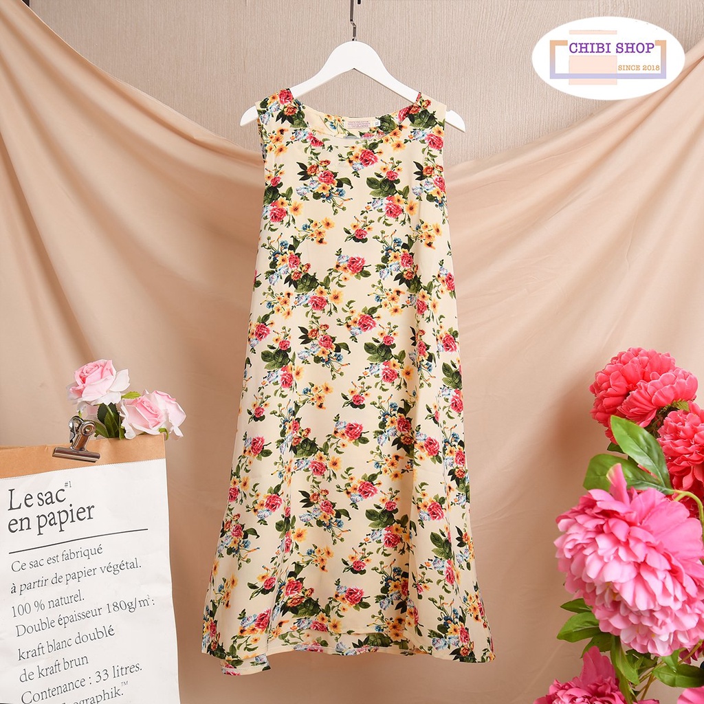 Đầm sát nách nữ mặc nhà chất lụa tuyết siêu mát hoa văn dáng dài-Đầm chữ A trung niên Chibishopsince2018