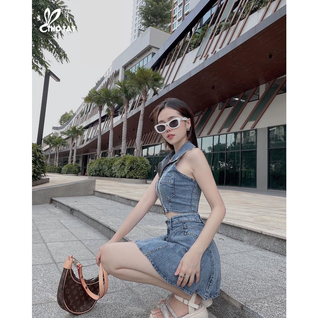 Set bộ jeans áo yếm dây kéo mix chân váy A siêu hot/MS012 mã72