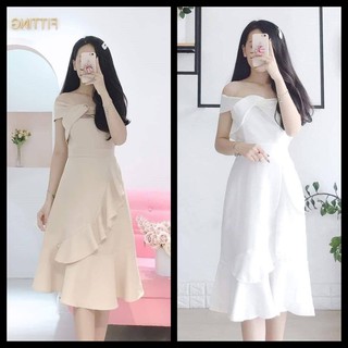Đầm dự tiệc trễ vai xoắn ngực xòe bèo cao cấp