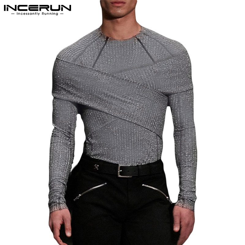 Áo thun INCERUN tay dài màu trơn thời trang dành cho nam