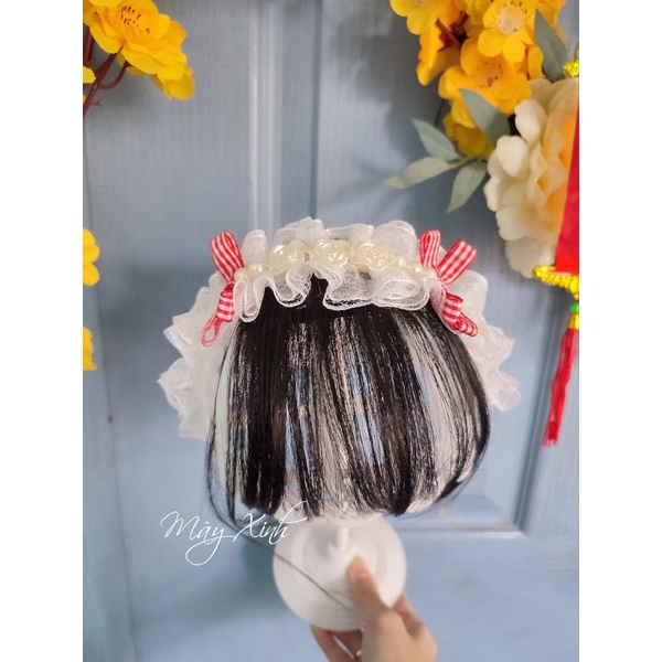 Băng đô ren tóc giả đính nơ caro đỏ xinh