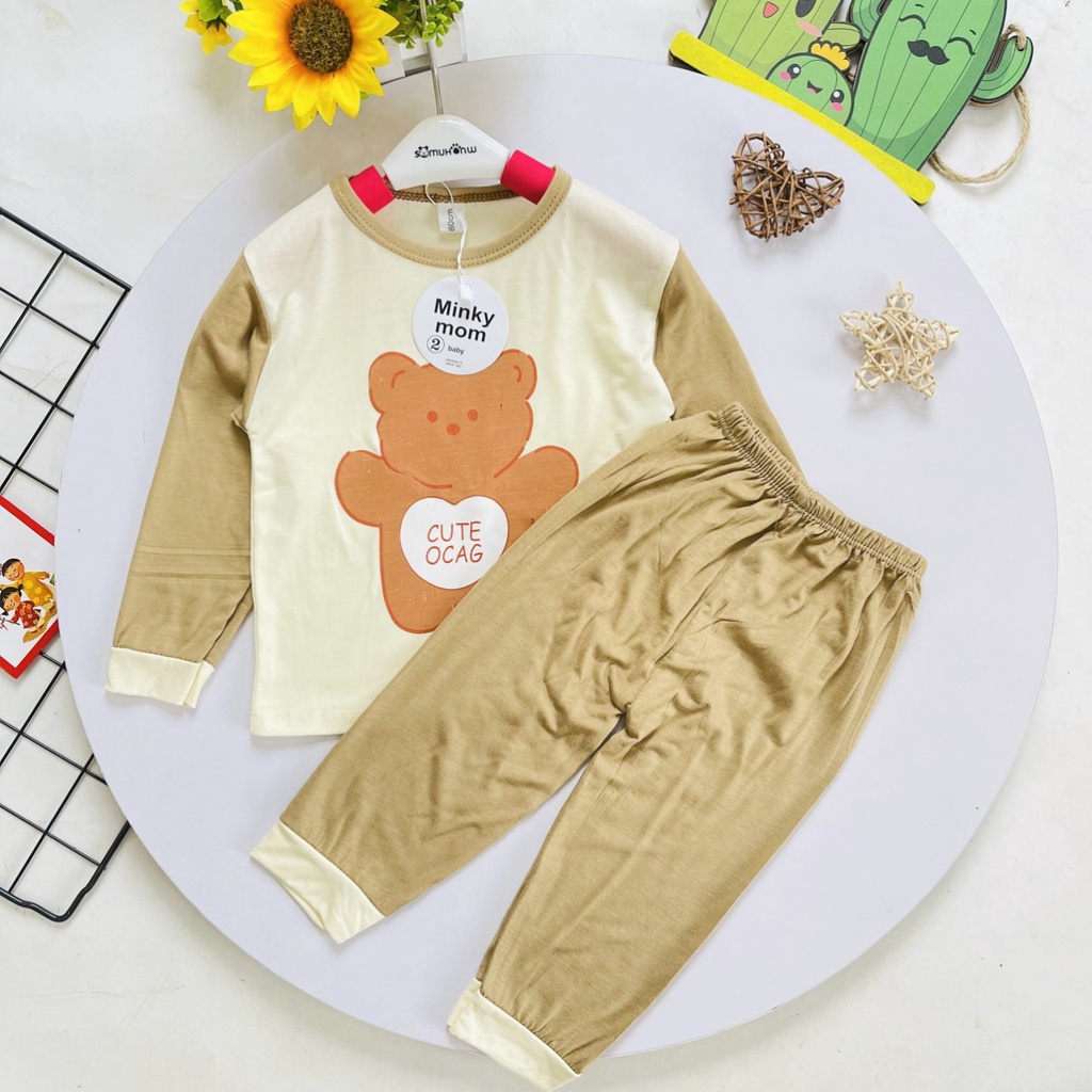 Bộ Dài Tay Thun Lạnh Minky Mom In Hình Động Vật Bo Chun Phối Tay Dễ Thương Cho Bé