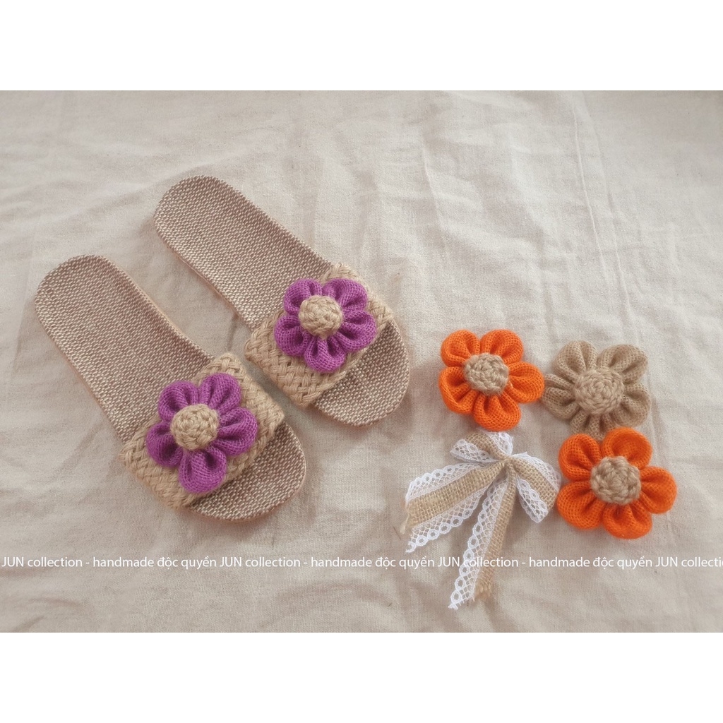 Dép cói quai ngang đính hoa handmade vintage, mang nhà, đi biển, dạo phố, Hàn Quốc