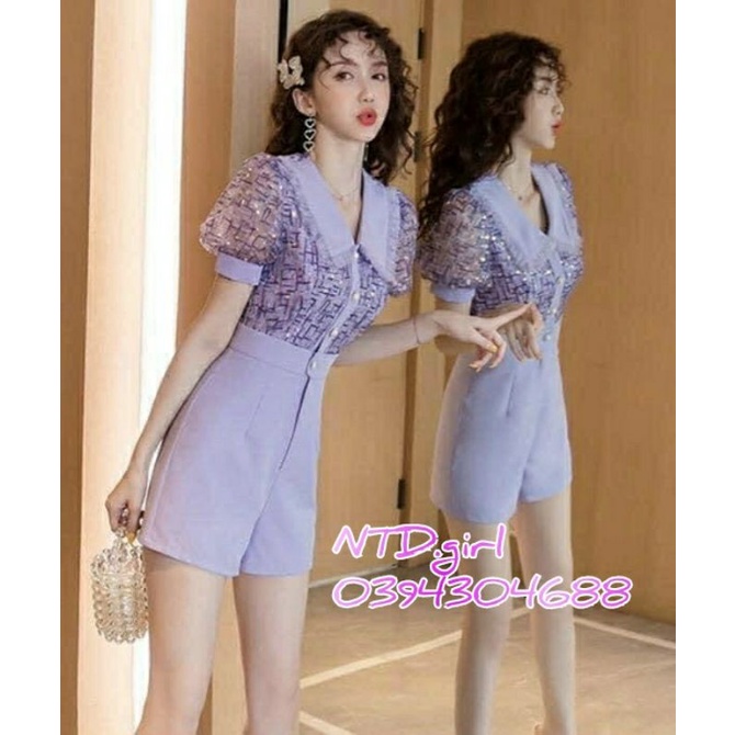 Hàng nhập - Jumpsuit ngắn xô lụa phối ren kim sa, bộ jum đùi đồ bay xinh xắn trẻ trung
