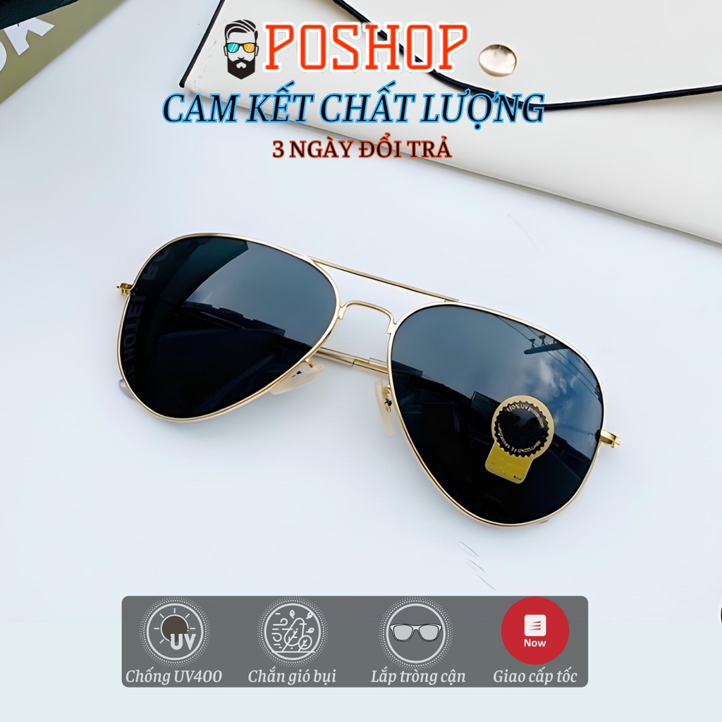 Kính mát thời trang cao cấp nam nữ POSHOP gọng kim loại phi công cổ điển với tròng thuỷ tinh cường lực chống uv400 R3026