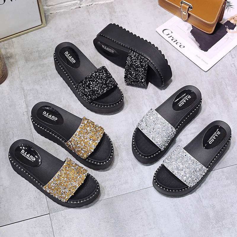 Dép Nữ Đế Xuồng Cao Gót Quai Ngang Đính Cườm Cao 7Cm