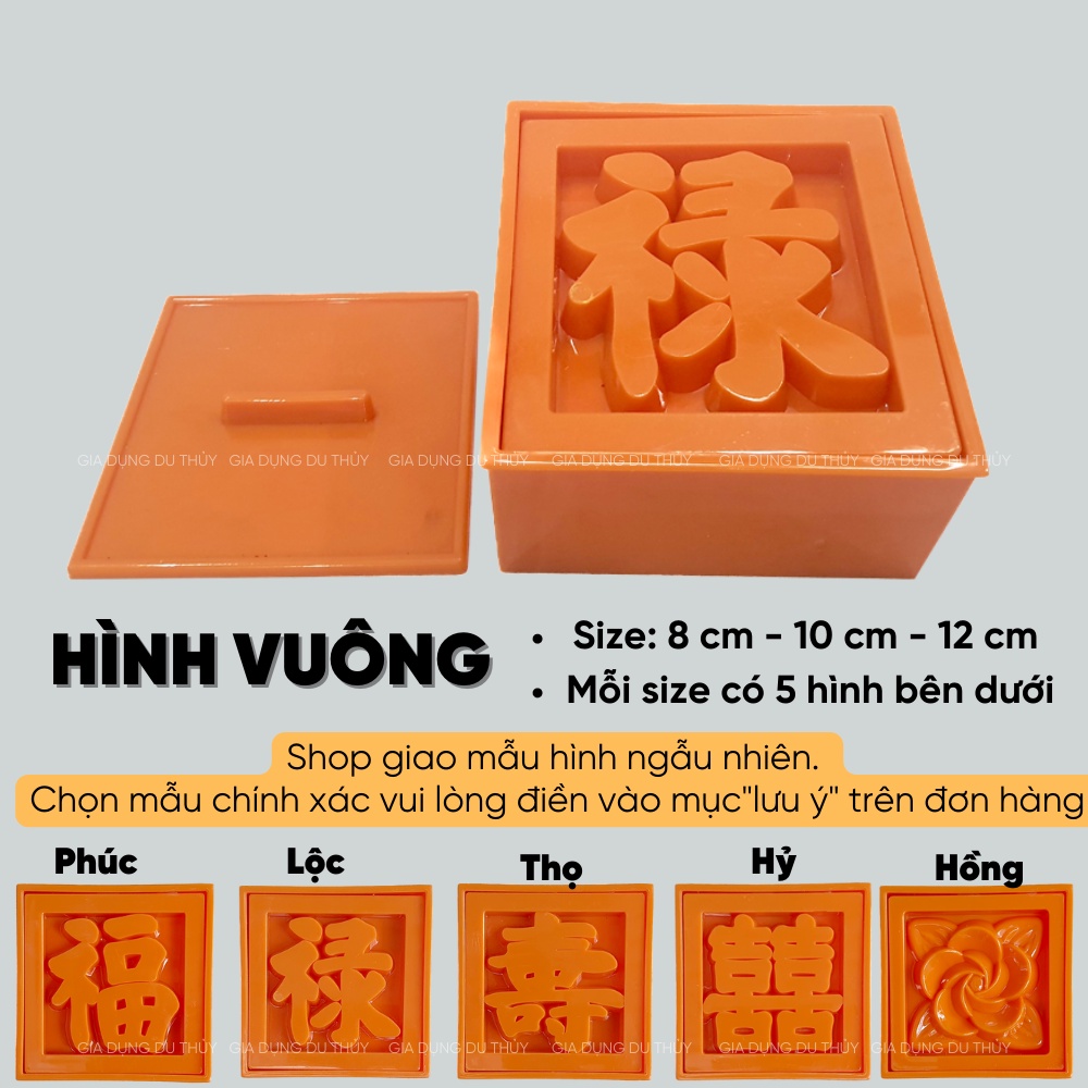 Khuôn nhận xôi hình tròn, hình trái tim, hình vuông, hình hoa mai có chữ Phước, Lộc, Thọ, Hỷ, hoa hồng, hoa sen