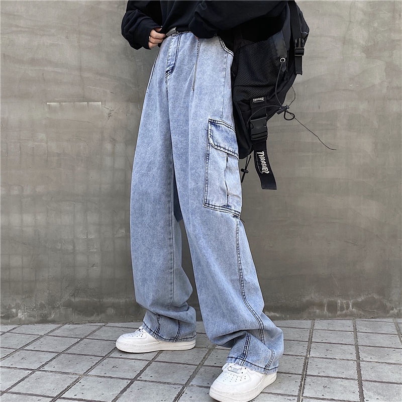 Quần denim 191581 dáng dài ống suông rộng cá tính thời trang phong cách đường phố cho cả nam và nữ