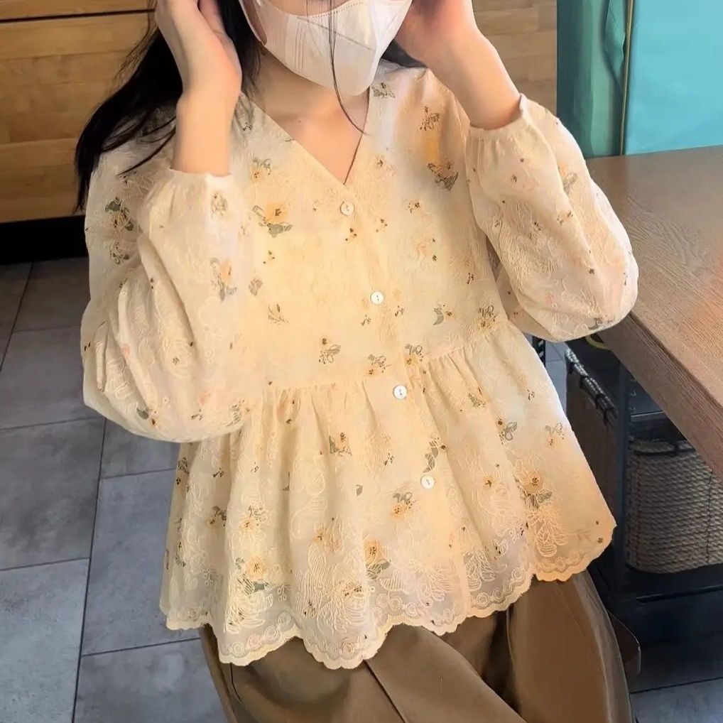 Áo Sơ Mi Dài Tay Thêu Hoa Phong Cách Pháp Cho Nữ