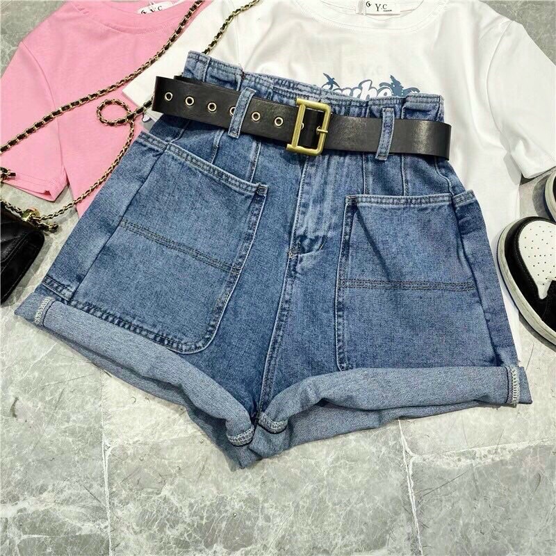 Quần đùi bò nữ cạp cao chun bèo, quần đùi nữ chất jean cao cấp, túi ốp, ống rộng cá tính, siêu hót | BigBuy360 - bigbuy360.vn