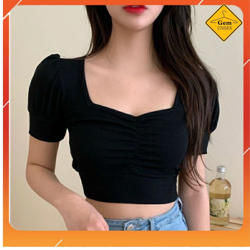 Áo Croptop tay phồng cổ tim nhún ngực Gem - Áo Croptop nữ tay phồng vải thun gân xin xắn Gem94 | BigBuy360 - bigbuy360.vn