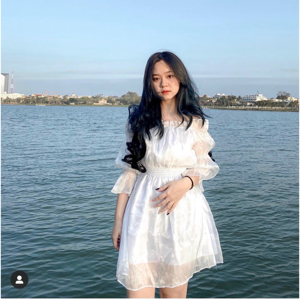 Đầm sheer trắng đen trễ vai bo eo | BigBuy360 - bigbuy360.vn