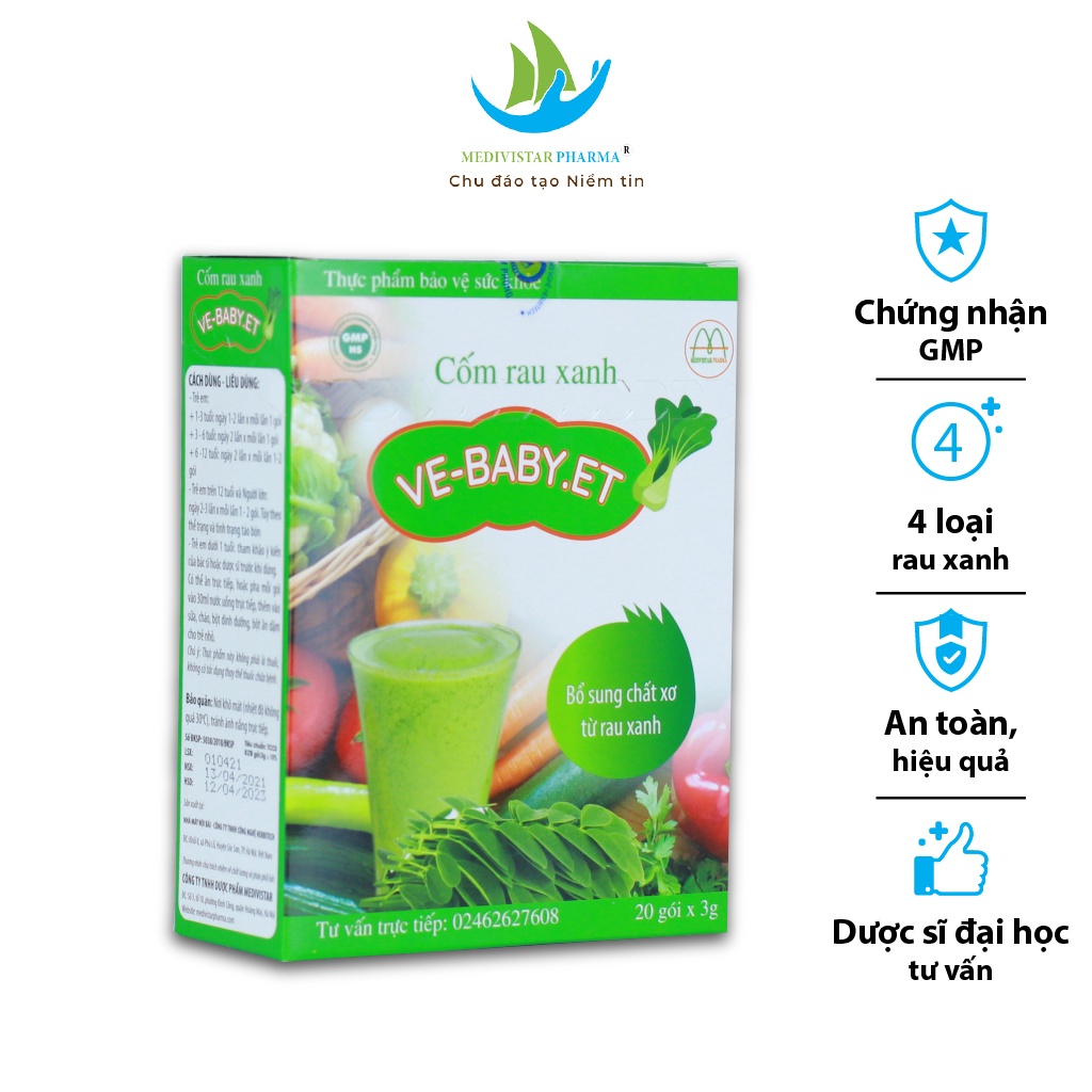 Cốm Rau Xanh Vebaby.et MEDIVISTAR PHARMA Bổ Sung Chất Xơ, Giảm Táo Bón Dành Cho Trẻ Em, Người Ngồi Nhiều Hộp 20 Gói