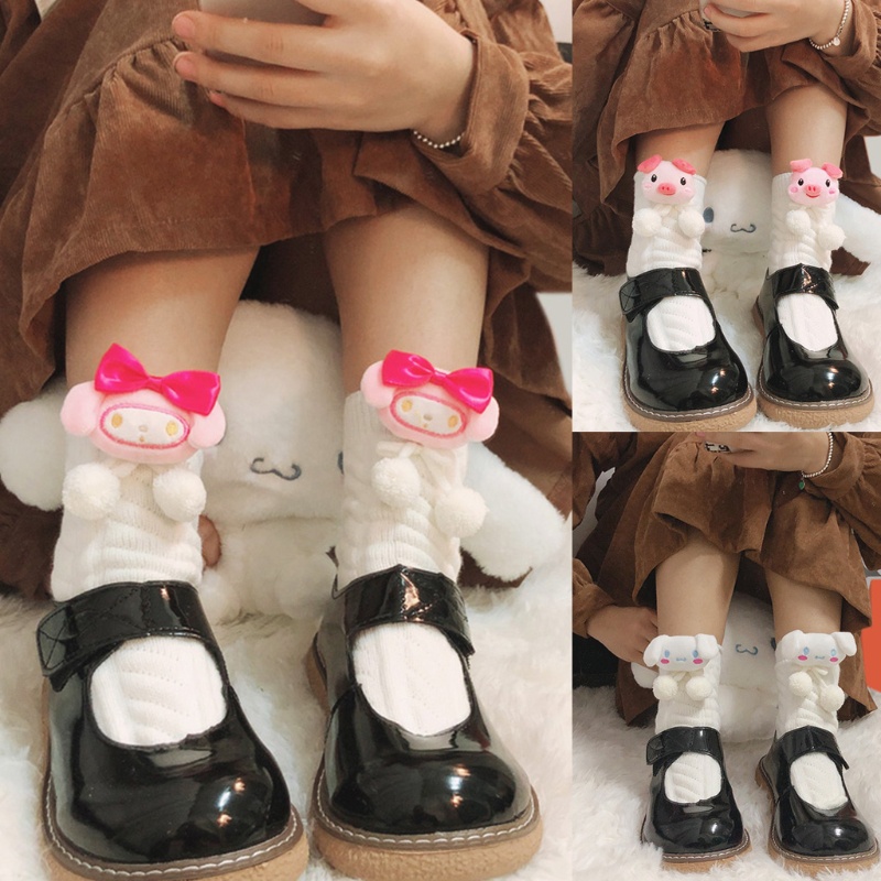 Tất dệt kim họa tiết hoạt hình đính nơ phong cách harajuku đáng yêu cho nữ