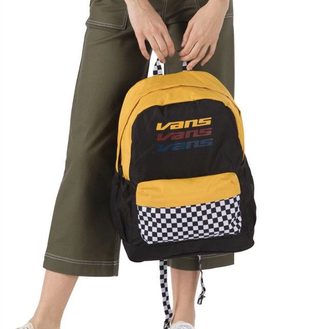 Balo thời trang đi học Van.s Sporty Realm Plus Black Yellow Caro - ba lô nam nữ unisex phối họa tiết