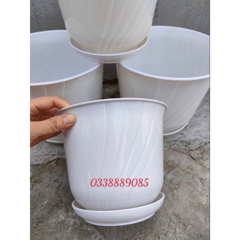 Chậu nhựa Bom kèm đĩa giả sứ trồng cây siêu xinh