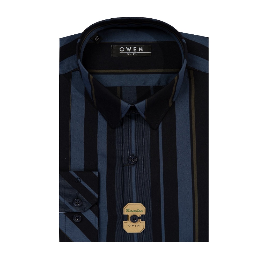 Áo Sơ Mi Nam Dài Tay OWEN AS220154D Somi Công Sở Vải Sợi Tre Cao Cấp Kẻ Sọc Xanh Be Nền Navy Dáng Ôm Tà Lượn Không Túi