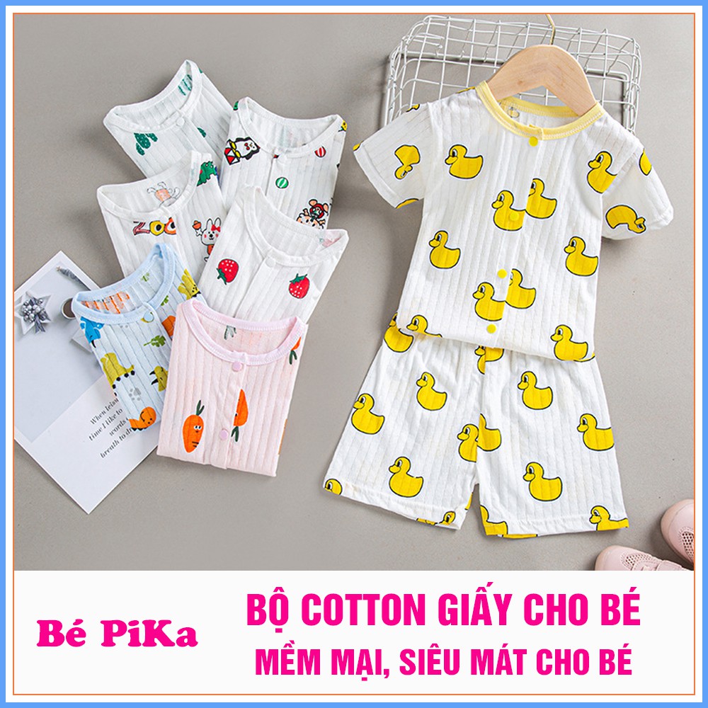 Bộ quần áo cotton giấy cộc tay cúc giữa in hình dễ thương cho bé từ 3 đến 14kg