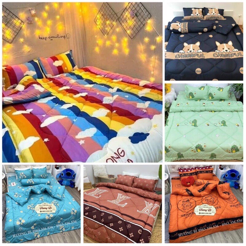 Chăn phao poly cotton trọn bộ 5 món ,chăn có ruột bông dày mềm mịn loại 1