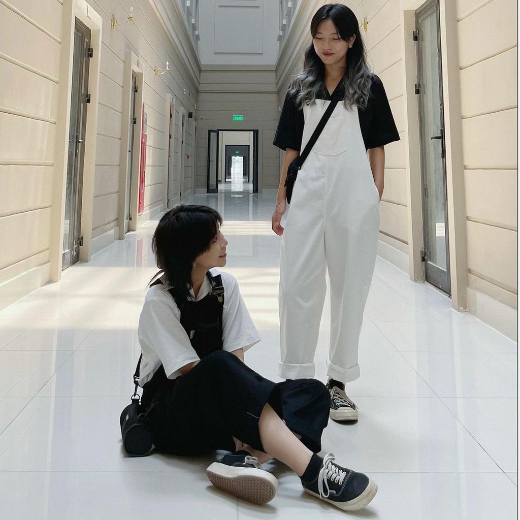 Yếm quần Quần yếm chỉ nổi 2 màu Đen, Trắng, chất kaki dầy mịn đẹp, dây điều chỉnh 💕
