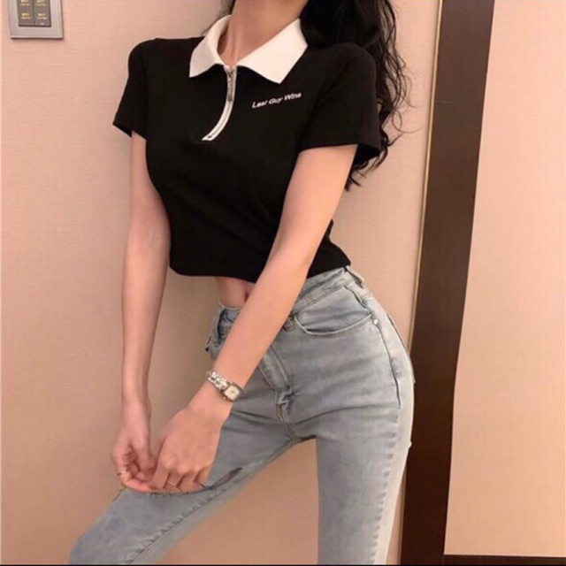 BA31 Áo croptop sơ mi cổ có khoá kéo dễ thương