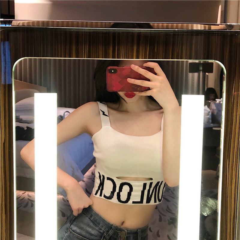 Áo dệt kim JSC không tay dáng ngắn in chữ phối rách phong cách Hàn Quốc thời trang mùa hè cho nữ