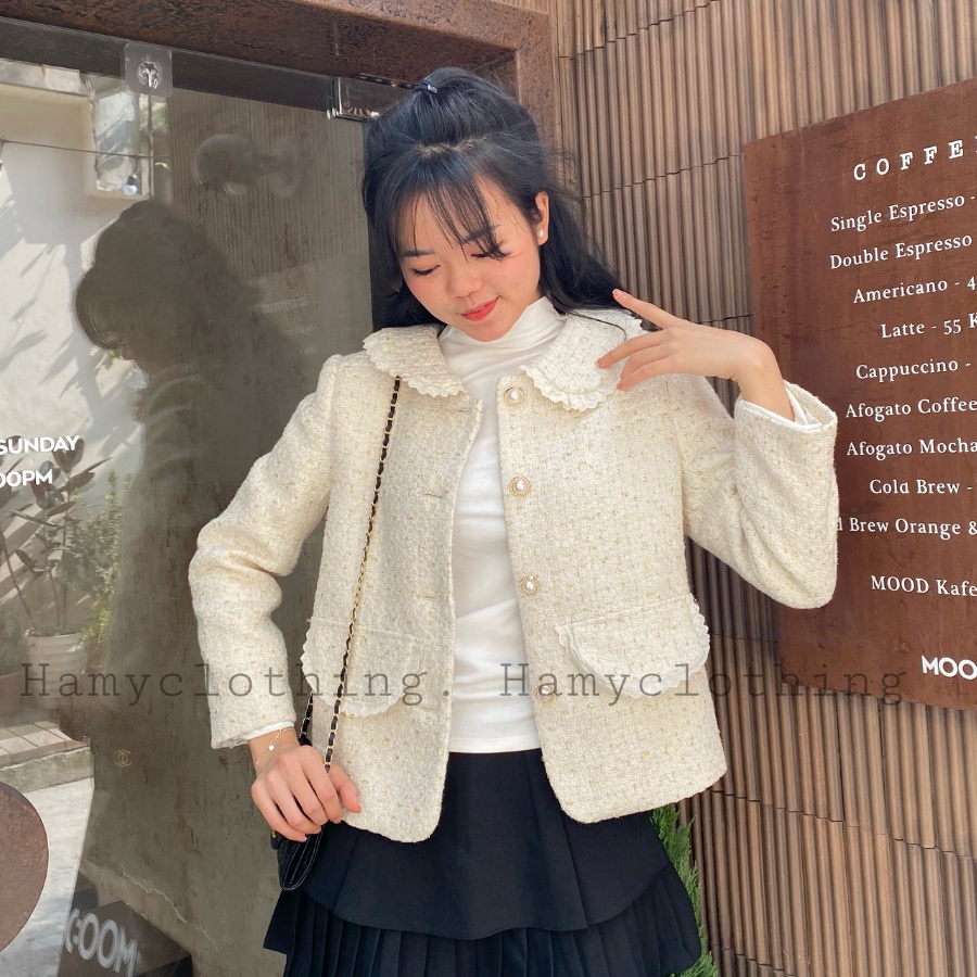 Áo khoác nữ Hamy A-30 dạ Tweed vải dệt dày tự nhiên màu kem viền ngọc đen | BigBuy360 - bigbuy360.vn
