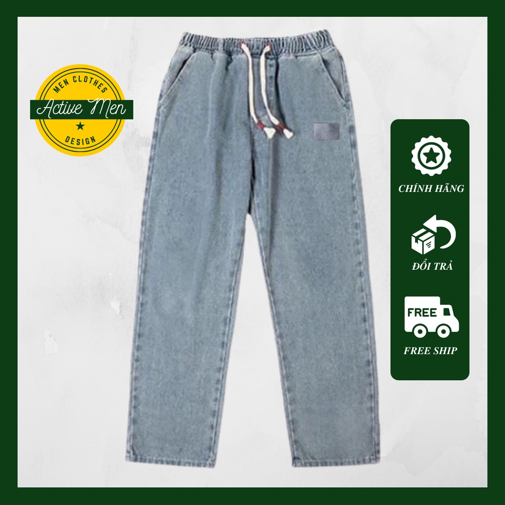 Quần Jeans Baggy Nam Cạp Chun Dây Nam, Nữ Chỉnh Eo Vừa Vặn- Form Rộng Màu Xanh
