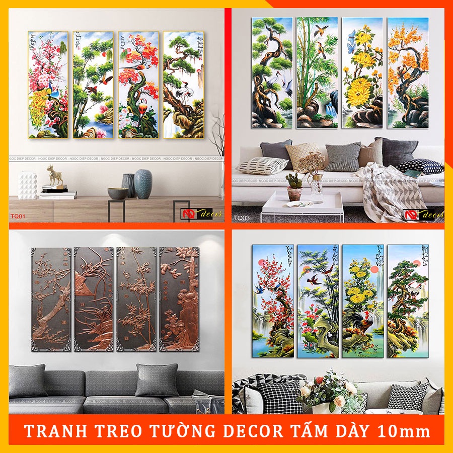 Tranh dán tường tứ quý chất liệu gỗ nhựa chống nước kích thước 30x80 cm x 4 tấm, ke,f băng dính xốp