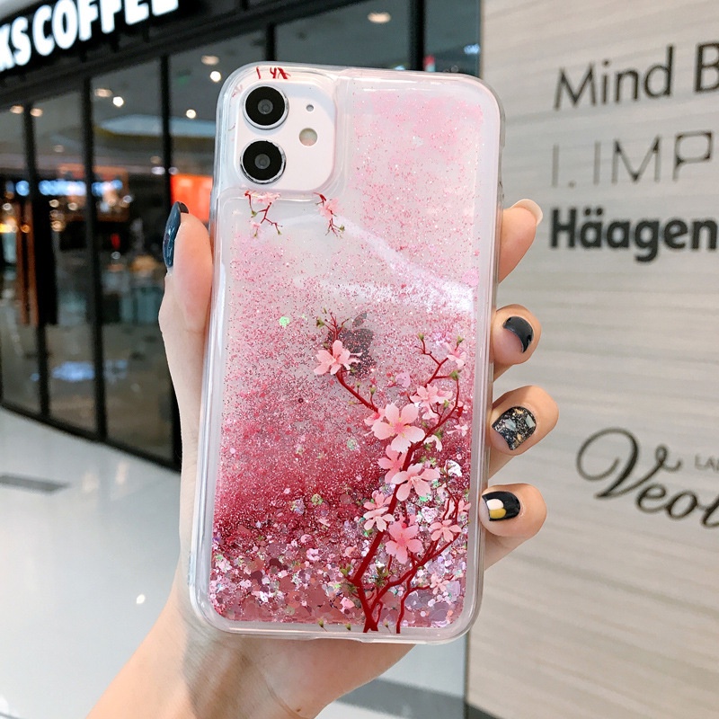 Ốp Điện Thoại Trong Suốt Chống Sốc Họa Tiết Hoa Đào Có Nước Kim Tuyến Cho iphone 15 14 13 12 11 pro max mini xs xr x