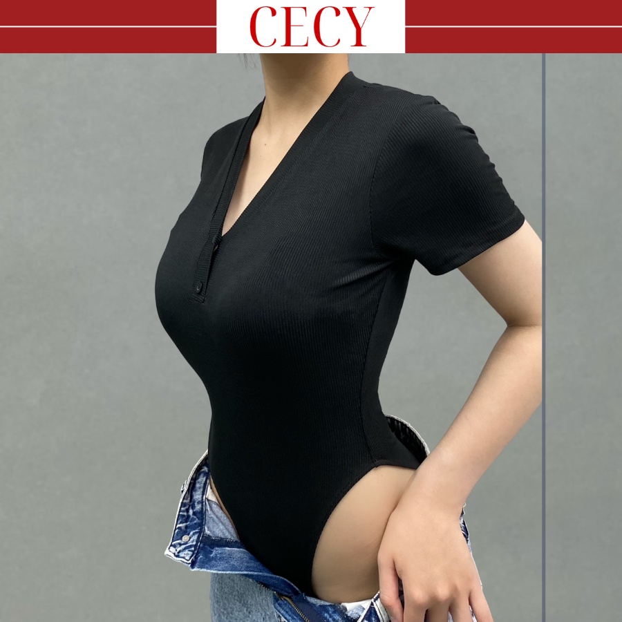 Áo Thun Cổ V Bodysuit Nữ CECY Thun Tăm, Áo Thun Body Ôm Sát Quyến Rũ, áo cổ V đính cúc, áo khoét ngực B017