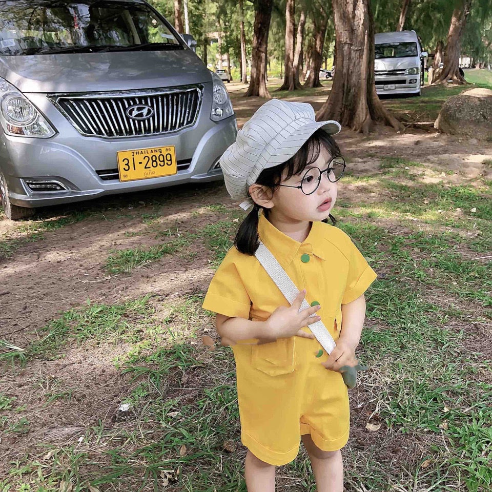 Bộ áo liền quần cotton màu trơn thời trang mùa hè Hàn Quốc mới dành cho trẻ em